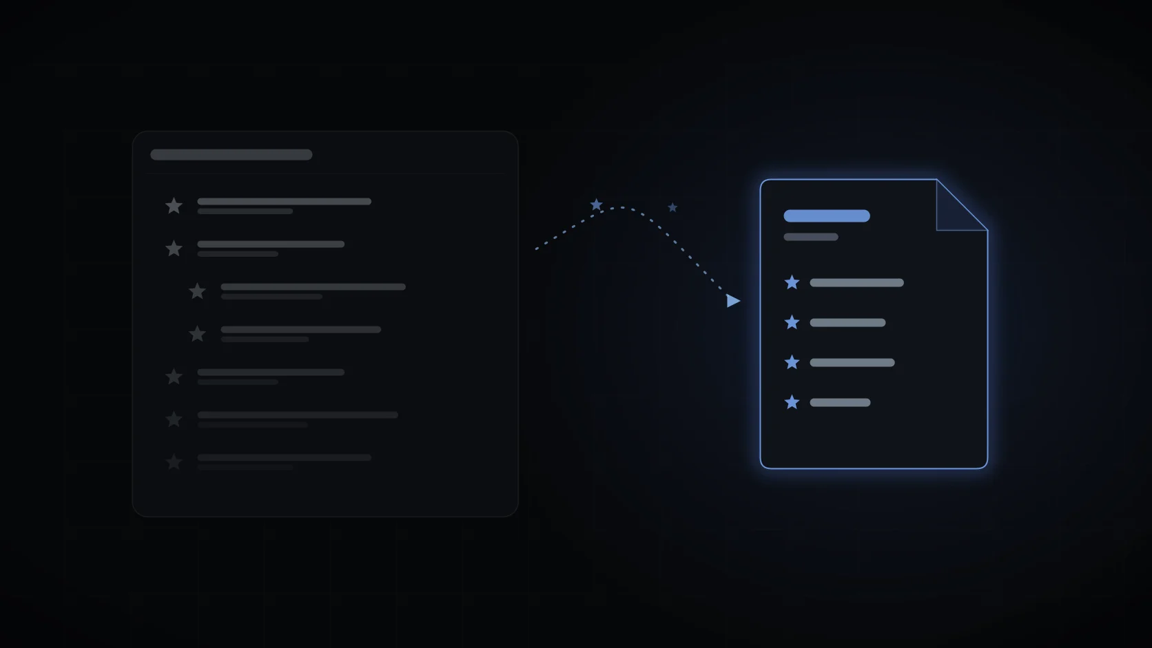 Rows of bookmarks leaving a dark browser panel along a dotted path into a glowing file