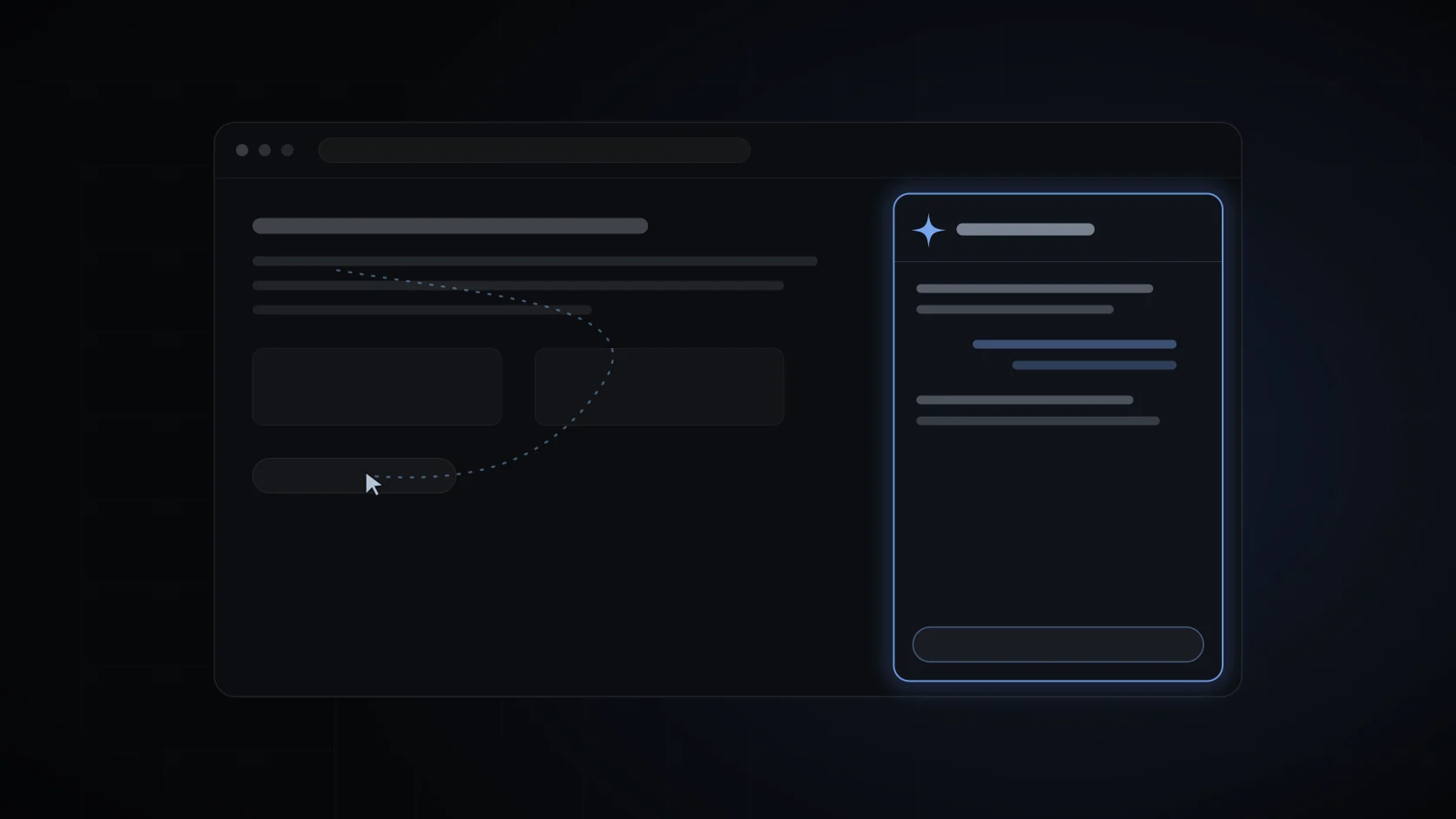 A dark browser window with a glowing assistant panel and a cursor tracing a dotted path across the page