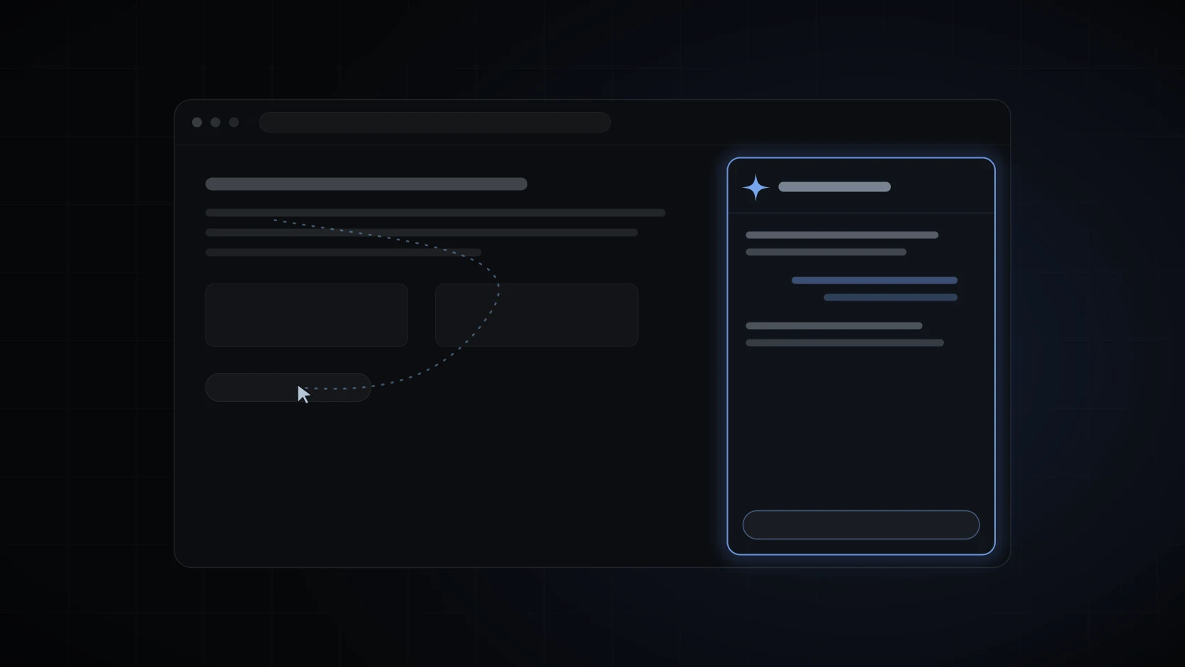A dark browser window with a glowing assistant panel and a cursor tracing a dotted path across the page