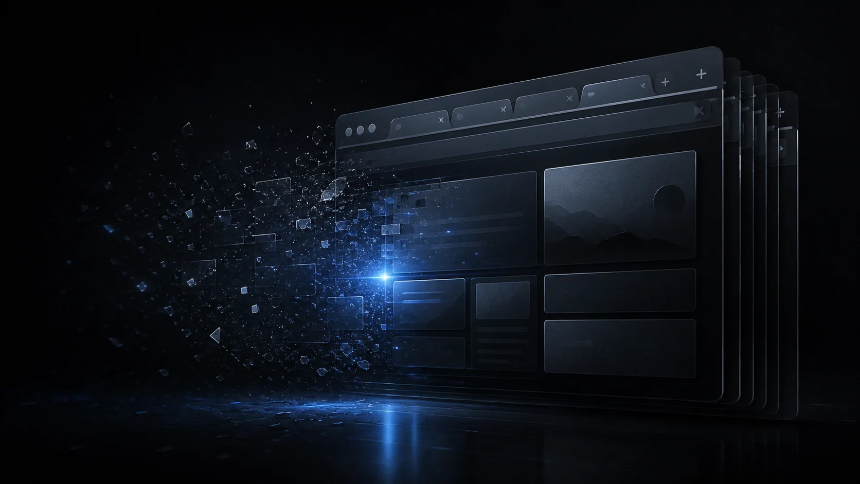 Dark browser windows reassembling from fragments around a blue point of light