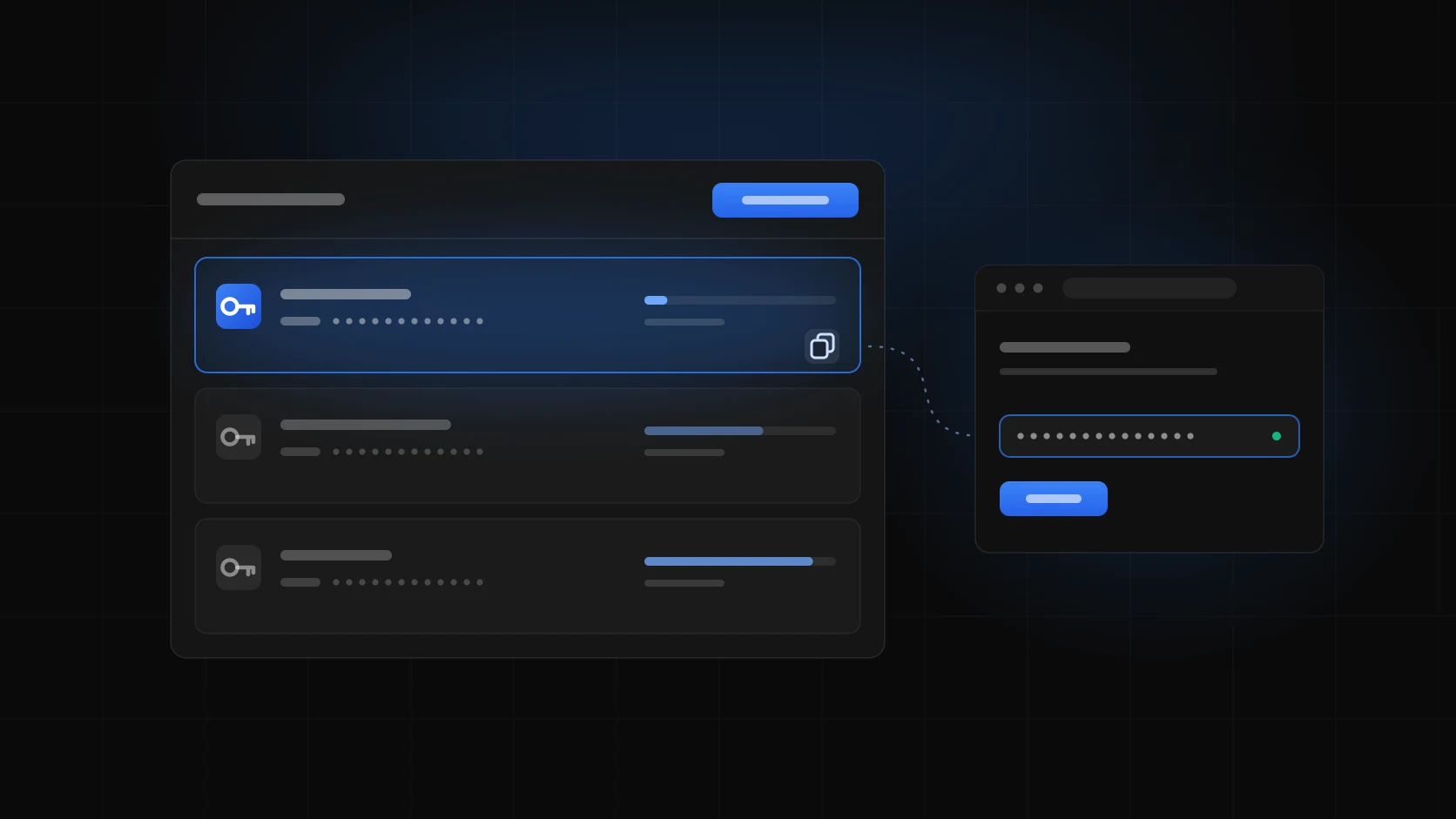 A dark keys panel with three API keys and their spending meters, the newest one lit blue, and a dotted line carrying it from its copy button into a key field in a browser window