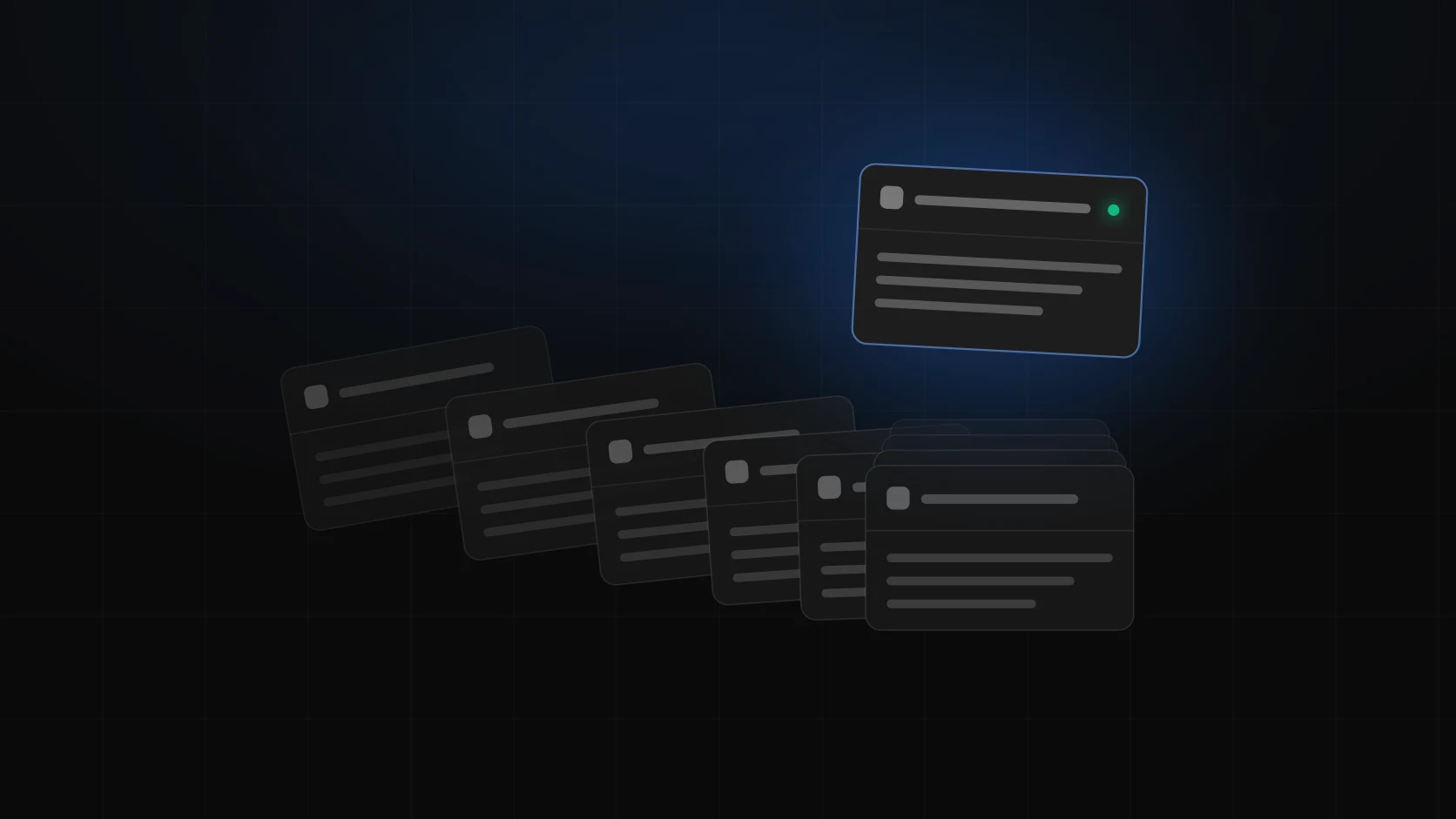 Tab cards folding into one stack, with a single card lifted into a blue glow