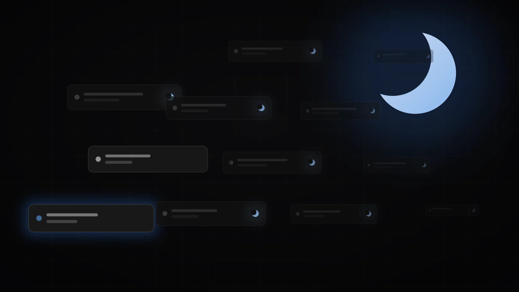 Dim browser tab cards sleeping under a glowing crescent moon