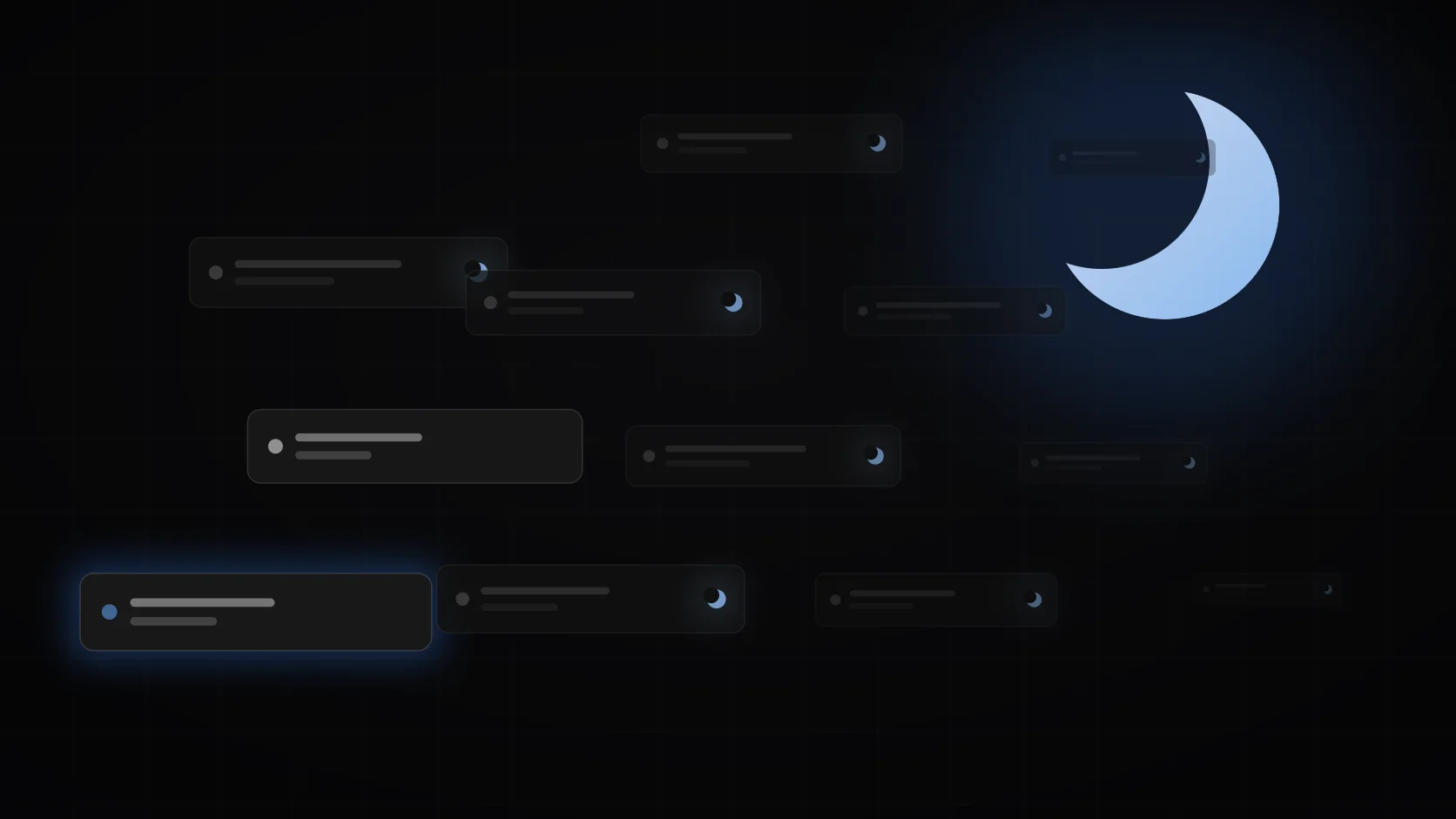 Dim browser tab cards sleeping under a glowing crescent moon