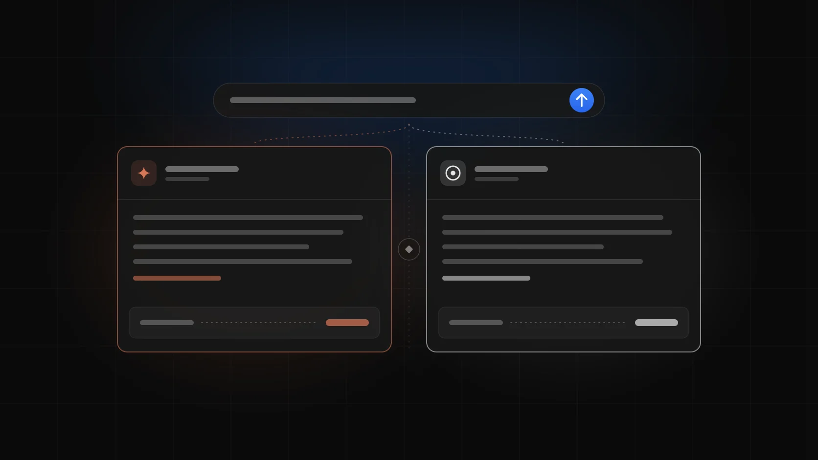 One prompt bar feeding two answer cards side by side, a warm orange card on the left and a white card on the right, each ending in a small receipt line