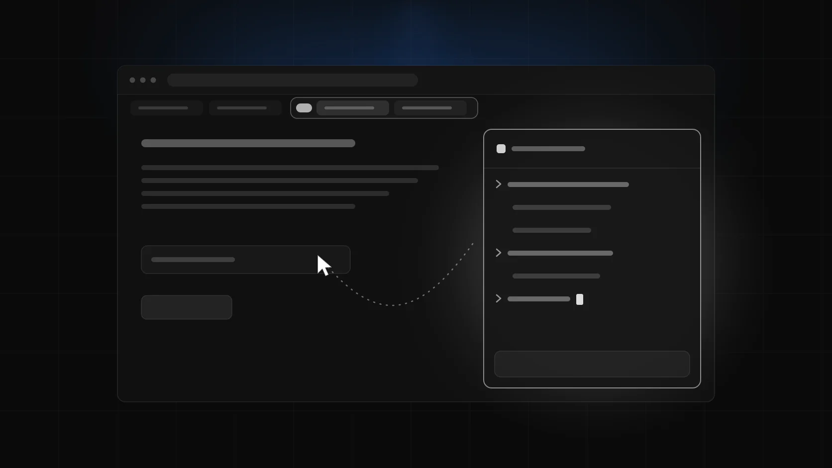 A dark browser window with a grouped tab strip and a glowing command panel docked on the right, a dotted cursor trail crossing the page