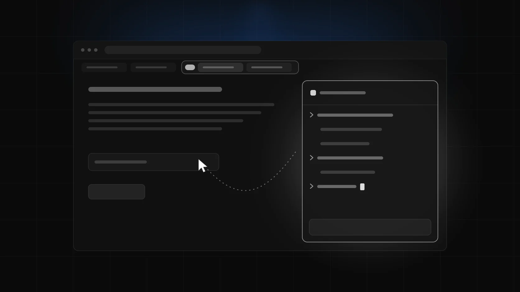 A dark browser window with a grouped tab strip and a glowing command panel docked on the right, a dotted cursor trail crossing the page