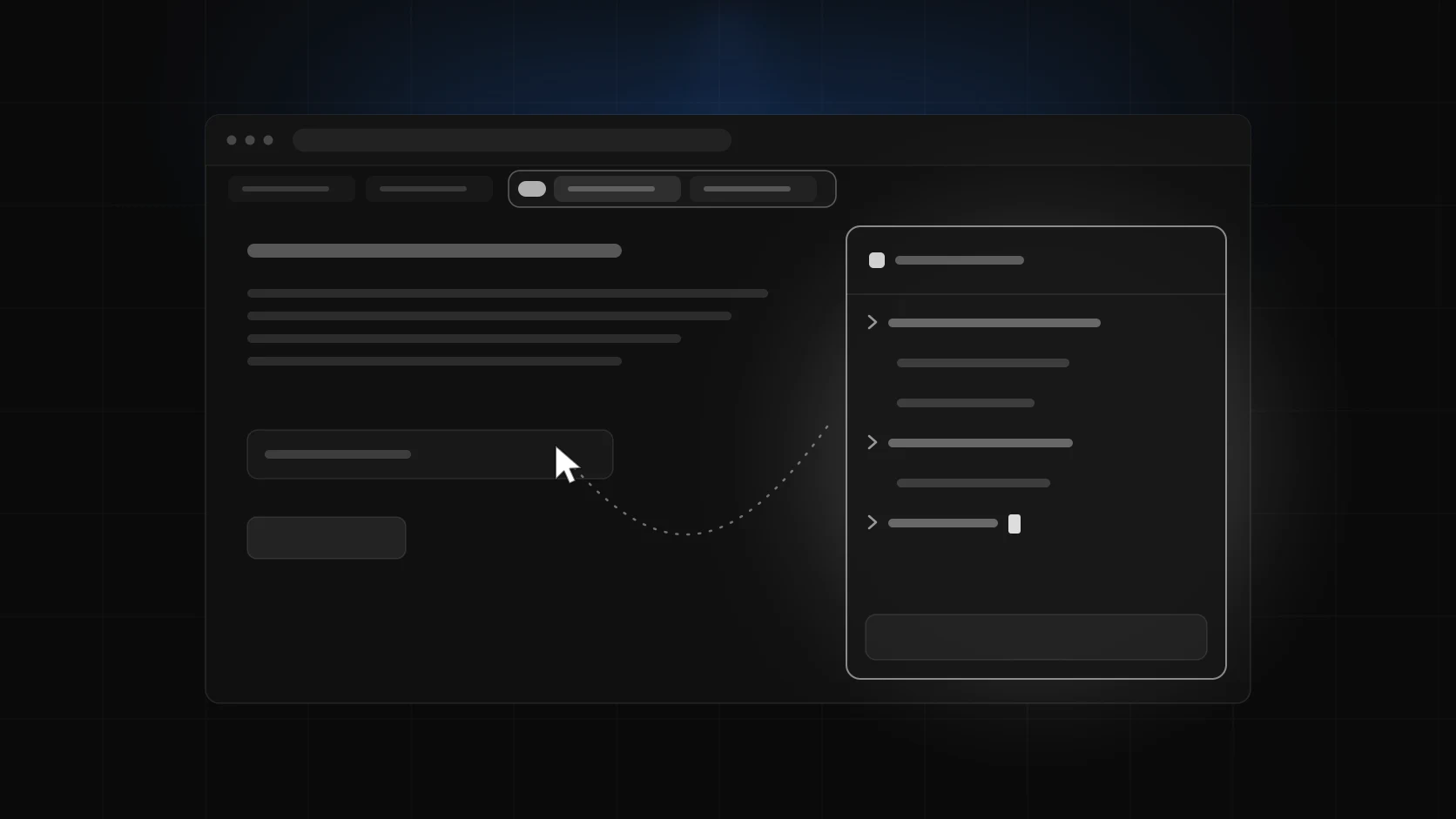 A dark browser window with a grouped tab strip and a glowing command panel docked on the right, a dotted cursor trail crossing the page