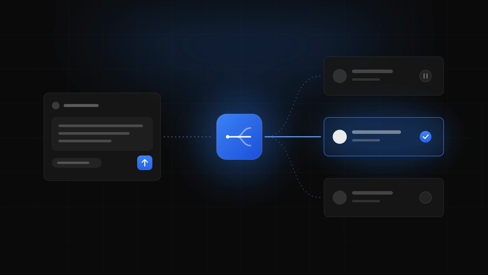 A request card sending a message into a glowing router node, which fans out to three provider cards and takes the solid blue route to the middle one, marked with a check
