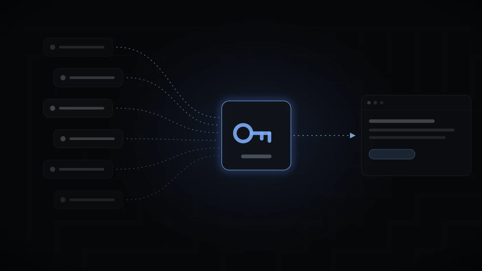 Many dim model chips converging through one glowing key into a single browser window