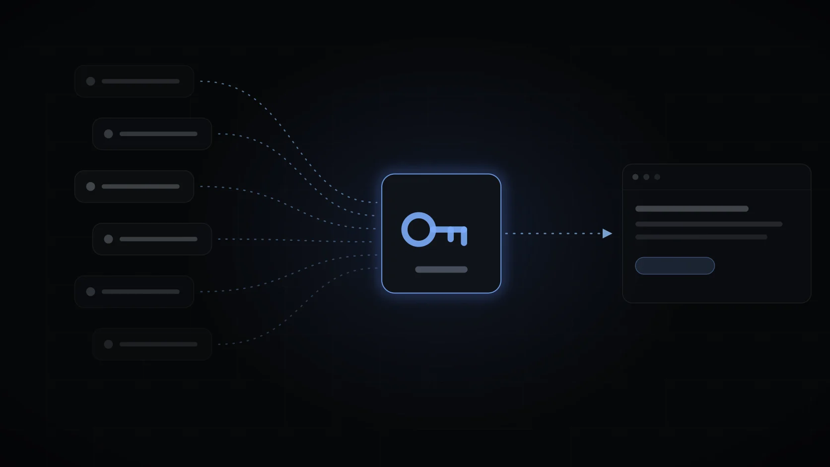 Many dim model chips converging through one glowing key into a single browser window