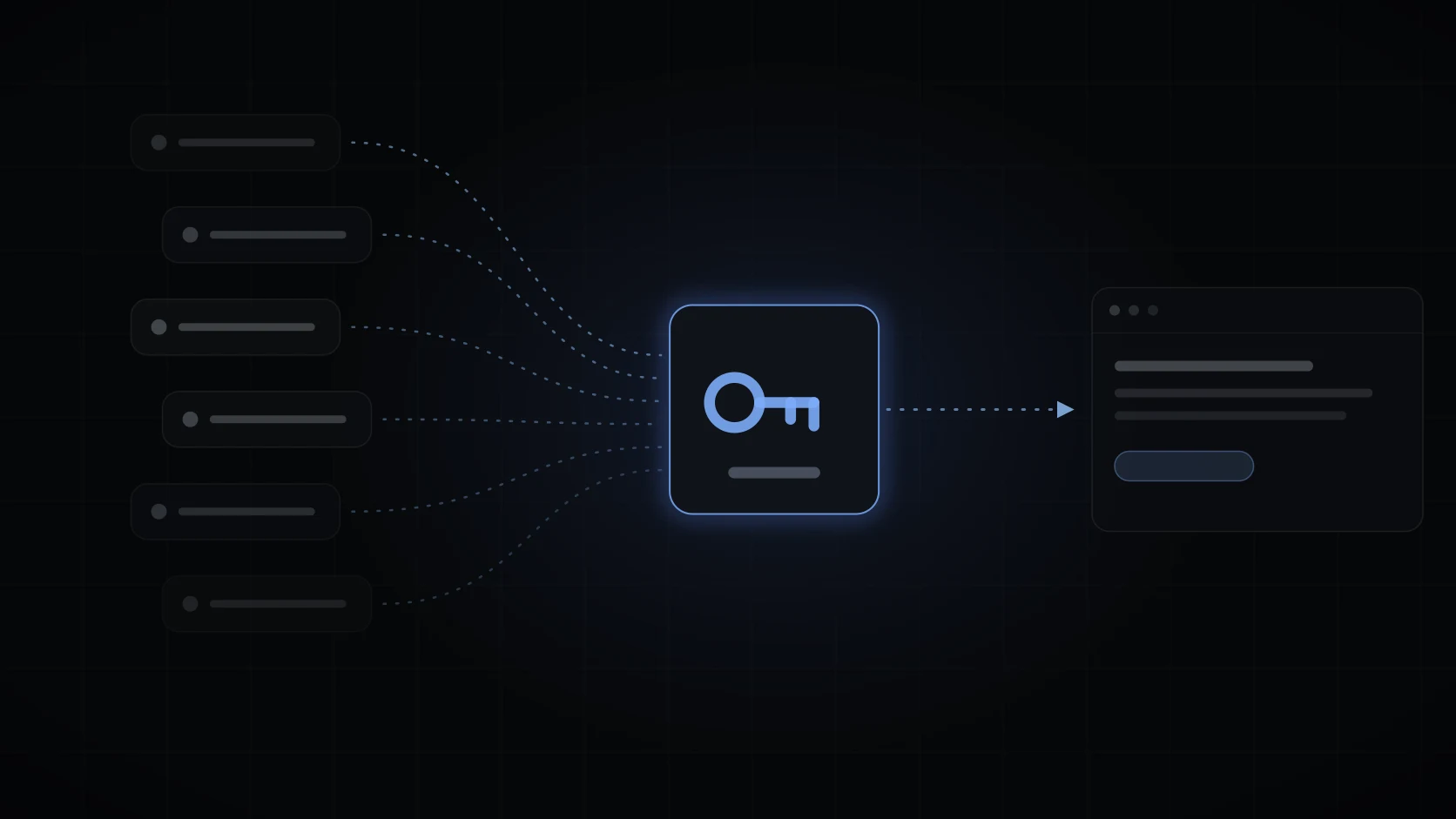 Many dim model chips converging through one glowing key into a single browser window