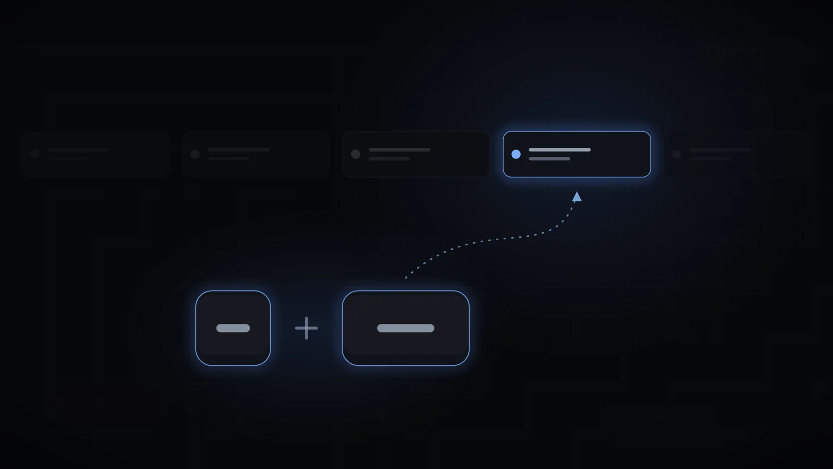 Two glowing keycaps sending a dotted arc to a highlighted tab in a dark tab strip