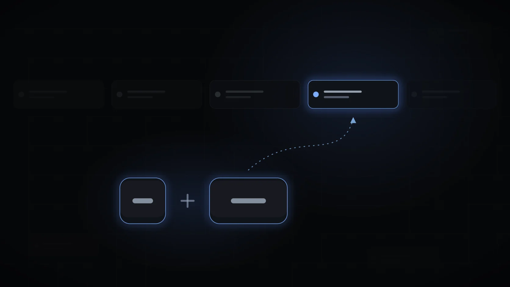 Two glowing keycaps sending a dotted arc to a highlighted tab in a dark tab strip