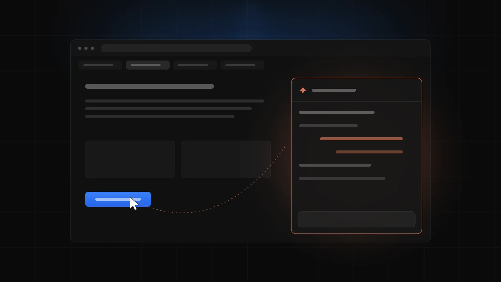 A dark browser window with a warm-lit assistant panel docked on the right and a dotted cursor trail ending on a blue button