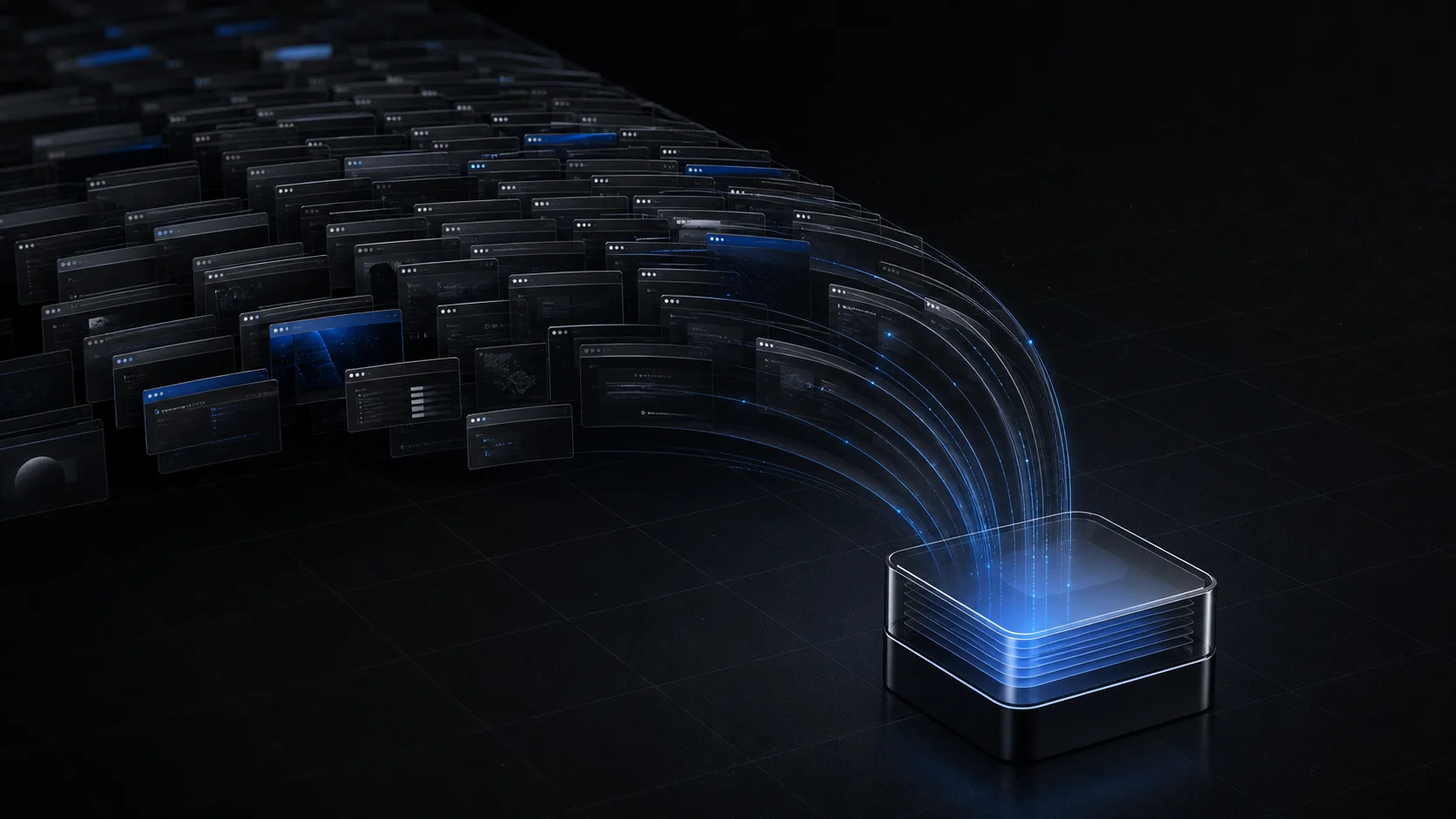 Many dark browser windows flowing into a compact illuminated archive