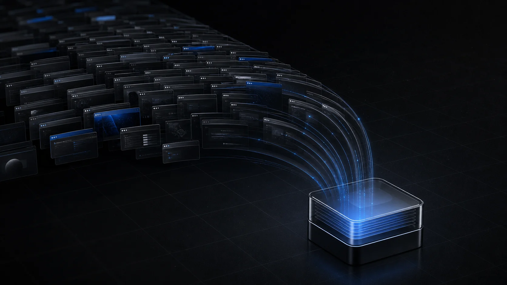 Many dark browser windows flowing into a compact illuminated archive