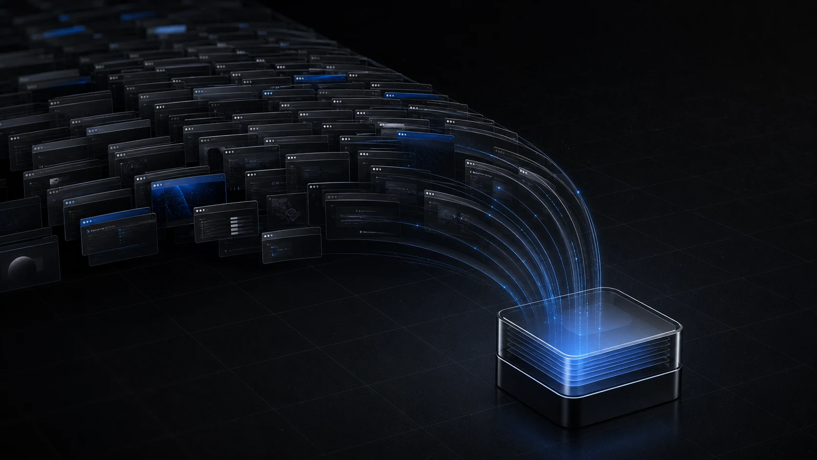 Many dark browser windows flowing into a compact illuminated archive